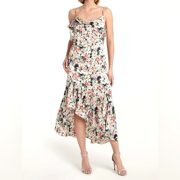 NWT Cinq a Sept Luka Floral Asymmetric Silk Slip Dress Cream Pink Ruffle Size 8